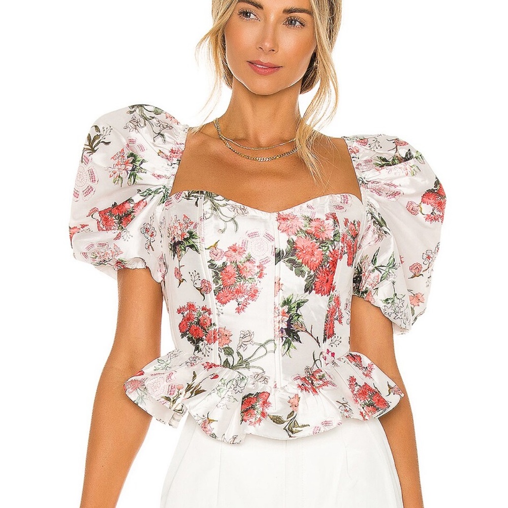 HEMANT & NANDITA Floral Puff Sleeve Blouse - White and Red